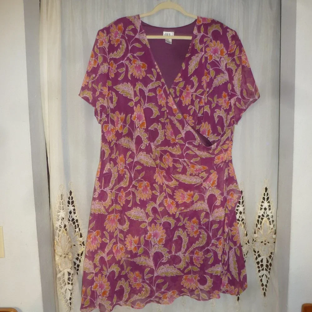 JBS LTD Side Ruffle Floral V Neck Short Sleeve shear Dress Sz 30W - Picture 2 of 10